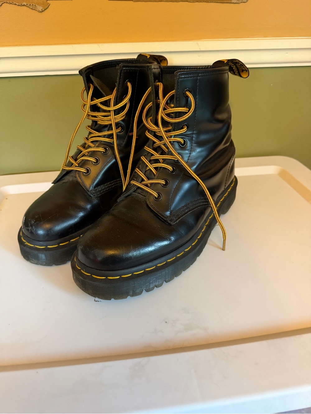 Dr. Martens Black Leather Combat Boots with Yellow Stitching and Laces